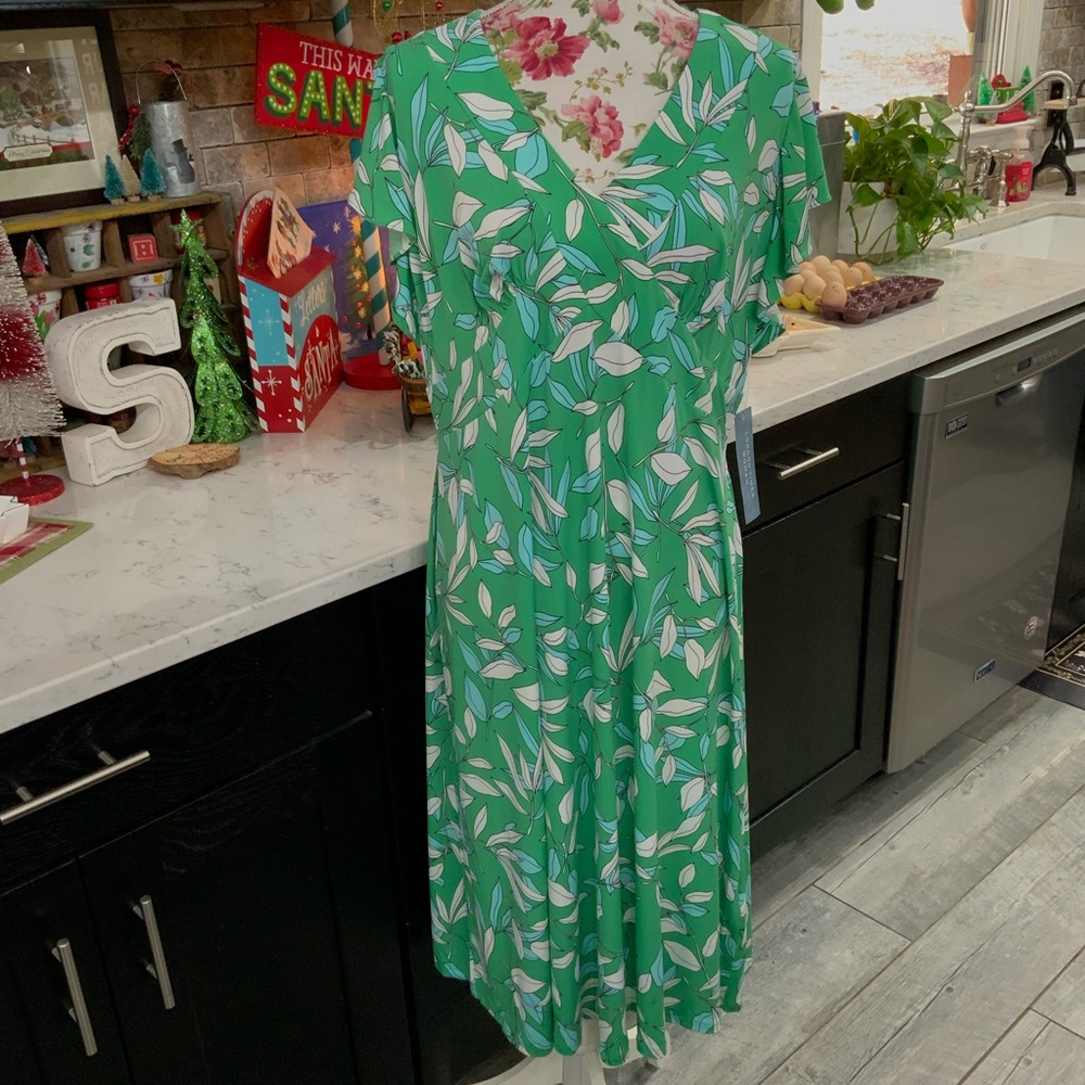 London Times Midi Dress 14W Stretch Green Ruffle Sleeve Career To Casual New
